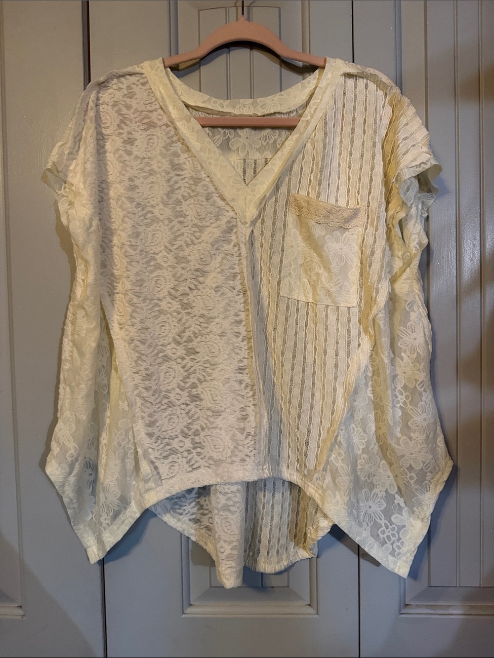 SHEIN Cream Lace Mixed-Panel V-Neck Blouse